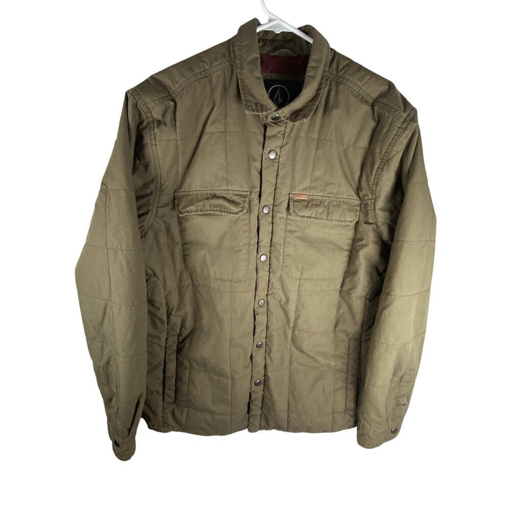 Volcom Quilted Jacket Mens Large Green Snap Front Padded Lined A1831700